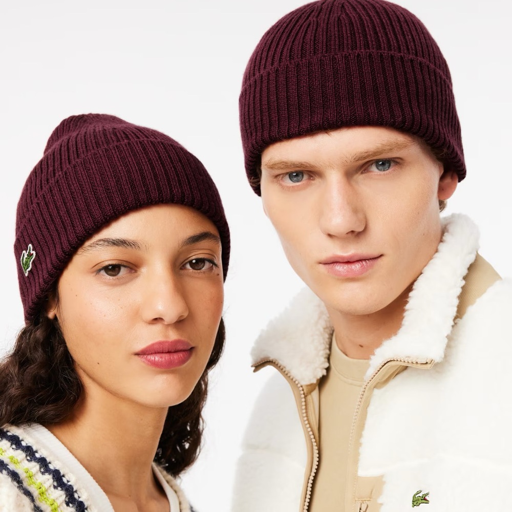 LACOSTE UNISEX RIB KNIT BRUSHED WOOL BEANIE Brand New